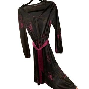 STRAIT LANE Vintage below knee Black Sheath Dress Pink Print Sash elastic waist